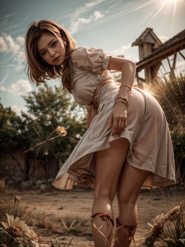 [gorgeous Italian redhead woman pulls her green skirt up, looking at viewer, tempting expression, seductive expression, winking expression, alluring expression], nphot, ultra high res.photorealistic, realistic hands, real_skin, [[photorealistic Chromatic aberration]], digital photograph, HDR, high contrast, masterpiece. [The scene is surrounded by mist, evoking a mysterious and eerie atmosphere. The lighting is dark and atmospheric, with smoke adding a touch of sinister ambiance. Best quality image, HDR enhancement, showcasing the utmost level of detail and realism, full body shot:1.5]. [8K, Ultra High Resolution, (highly detailed, Bokeh, (cowboy shot), 8k, 8K, UHD, textured skin, high details, high quality, Best Quality