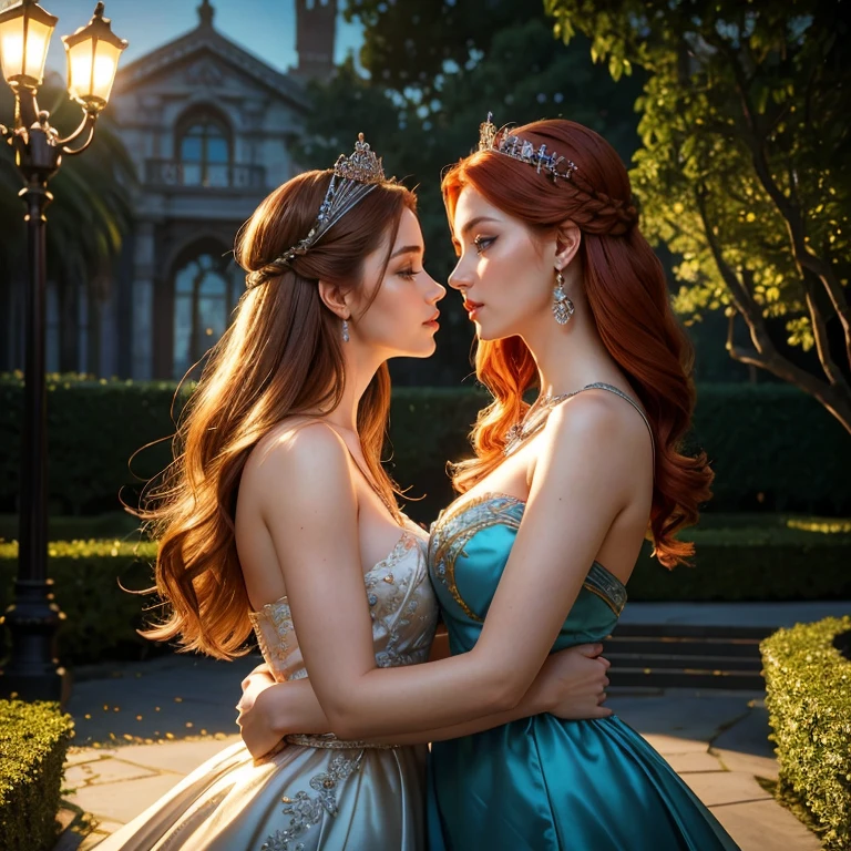 (​masterpiece, best quality:1.5), highest quality, High resolution, super detailed, Realists, Upper body photo of red-haired woman, detailed and beautiful eyes, beautiful detailed lips, very detailed eyes and face, longeyelashes, Woman in shiny blue and silver satin evening dress, Beautiful and colorful makeup, long hairstyle, elegant and noble々Pose,shiny crown and jewels, Gardens as background, soft daylight, bright colors, fine brushstrokes, Portrait style, Noble details in the dress fabric, beautiful color palette, glowing skin, First-class rendering, that captures every detail, enchanting atmosphere, subtle shadows and lights, (perfect anatomy:1.2), (Two stunning women are deeply in love:1.4), (kiss:1.2), (magnificent panorama view:1.2)