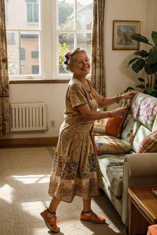 “Create an image in the style of a vibrant and whimsical digital painting featuring an elderly person dancing in a cozy living room with two playful cats, one orange and one white. The room is warmly lit with sunlight filtering through the window, highlighting the rich details such as a patterned sofa, colorful cushions, and houseplants. The elderly person has a joyful expression while dancing, wearing colorful clothing with floral patterns and multiple accessories like bracelets and a flower in their hair. Replace the face of the elderly person with a different but still harmonious face that matches the joyful and lively atmosphere of the scene.”