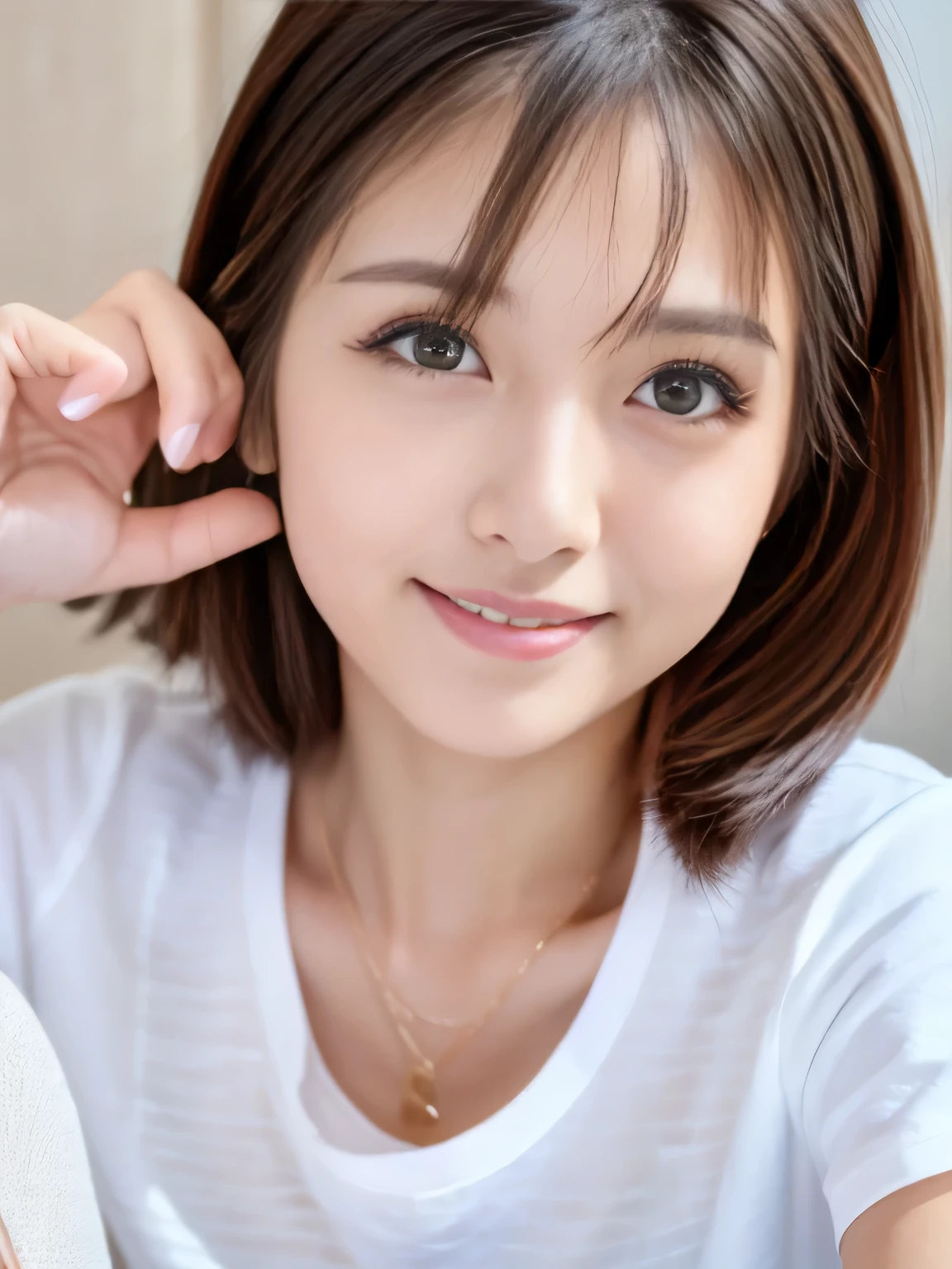 One Japanese woman、28 years old、Having at the camera、Looking at the camera、Open-mouthed smile、Plain T-shirt、Perfect Makeup、Thin eyebrows、Lip gloss、Border Depth、Close-up、uhd、Skin Texture、Super Detail、Highest quality、8k、Sharp focus、Professional Lighting、Bedroom at home、