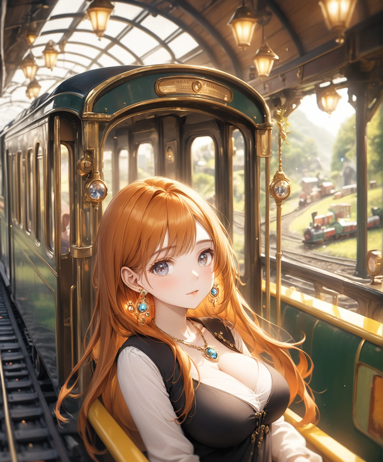 (Highest quality,8k,32K,masterpiece,Ultra-high resolution :1.2 ),born,One girl,Super cute,Natural light,Clear, shining eyes,20-year-old,Fair skin,Fantasy background of a miniature railway electronic world,The noble earrings are shining,The noble necklace shines,Orange Hair,Long Hair,Long Straight Hair,Large Breasts,Girl on a train