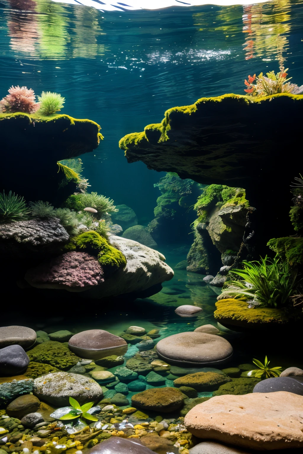 realistic aquatic background, with stones full of moss, roots and aquatic plants, horizontal background