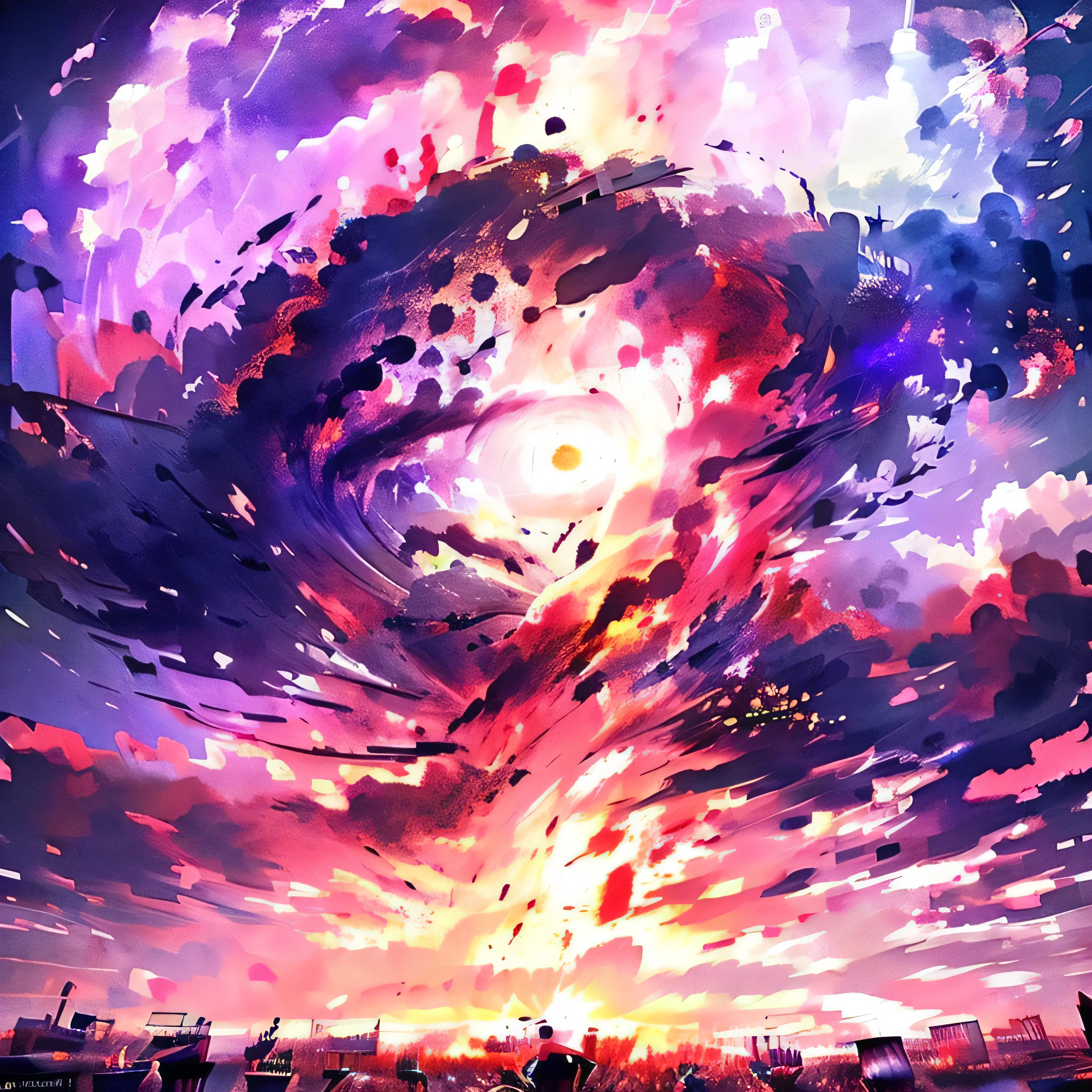 Chaos and disorder,Eyes everywhere,Colorful,Dark red predominantly