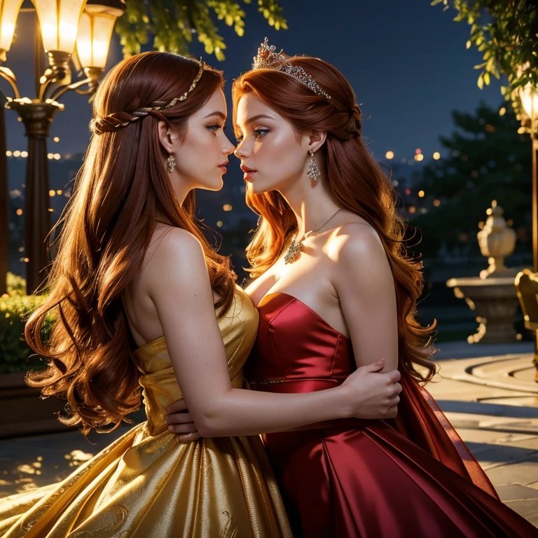 (​masterpiece, best quality:1.5), highest quality, High resolution, super detailed, Realists, Upper body photo of red-haired woman, detailed and beautiful eyes, beautiful detailed lips, very detailed eyes and face, longeyelashes, Woman in shiny red and gold satin evening dress, Beautiful and colorful makeup, long hairstyle, elegant and noble々Pose,shiny crown and jewels, Gardens as background, soft daylight, bright colors, fine brushstrokes, Portrait style, Noble details in the dress fabric, beautiful color palette, glowing skin, First-class rendering, that captures every detail, enchanting atmosphere, subtle shadows and lights, (perfect anatomy:1.2), (Two stunning women are deeply in love:1.4), (kiss:1.2), (magnificent panorama view:1.2)