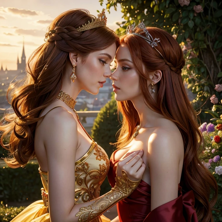 (masterpiece, best quality:1.5), highest quality, High resolution, super detailed, Realists, Upper body photo of red-haired woman, detailed and beautiful eyes, beautiful detailed lips, very detailed eyes and face, longeyelashes, Woman in shiny red and gold satin evening dress, Beautiful and colorful makeup, long hairstyle, elegant and noble々Pose,shiny crown and jewels, Gardens as background, soft daylight, bright colors, fine brushstrokes, Portrait style, Noble details in the dress fabric, beautiful color palette, glowing skin, First-class rendering, that captures every detail, enchanting atmosphere, subtle shadows and lights, (perfect anatomy:1.2), (Two stunning women are deeply in love:1.4), (kiss:1.2), (magnificent panorama view:1.2)