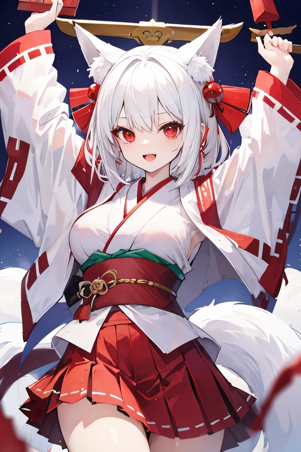 Cute fox monster girl wearing a shrine maiden uniform, white hair, Red eyes, big bust, short skirt, arms raised high, I'm startling,