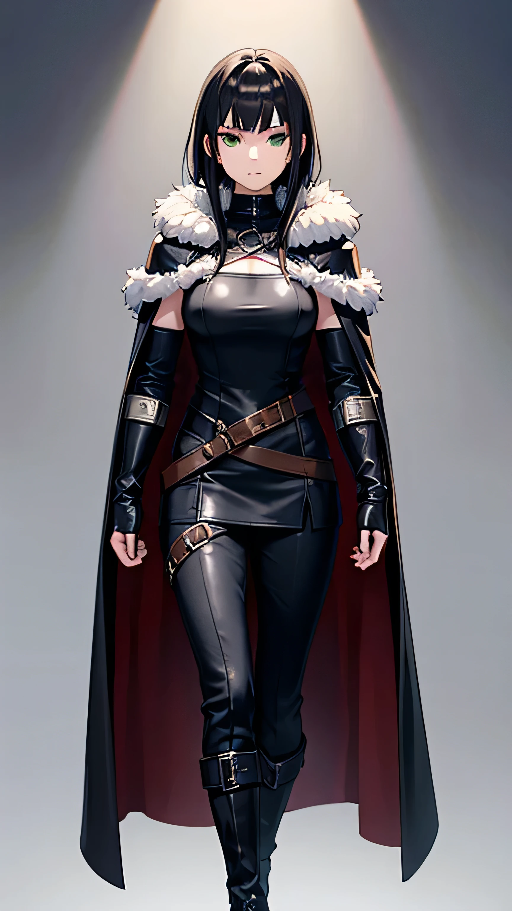 Detailed creation of a character with medieval aesthetics, very loose leather and animal skin clothes to protect from the cold. Concept art anime. A 20-year-old girl/woman, very white skin, intense green eyes, arched eyebrows, short black hair, neck length, bangs above the eyebrow, and side strands a little longer than the rest of the hair. She wears a voluminous black leather coat with silver details, shoulder length, the coat has a layer of fuzzy fur, to warm the neck and to protect from the cold, it is also complemented by a long cape. Medieval vests for the bitter winter. The outfit is decorated with rich silver pieces and buttons, with a belt running from the shoulder to the waist, to hold the cape. He also wears loose-fitting black linen pants and black leather boots with iron toes.