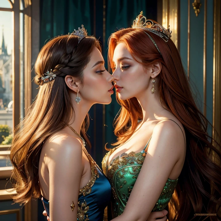 (masterpiece, best quality:1.5), highest quality, High resolution, super detailed, Realists, Upper body photo of red-haired woman, detailed and beautiful eyes, beautiful detailed lips, very detailed eyes and face, longeyelashes, Woman in shiny dark blue and dark green satin evening dress, Beautiful and colorful makeup, long hairstyle, elegant and noble々Pose,shiny crown and jewels, Gardens as background, soft daylight, bright colors, fine brushstrokes, Portrait style, Noble details in the dress fabric, beautiful color palette, glowing skin, First-class rendering, that captures every detail, enchanting atmosphere, subtle shadows and lights, (perfect anatomy:1.2), (Two stunning women are deeply in love:1.4), (kiss:1.2), (magnificent panorama view:1.2)