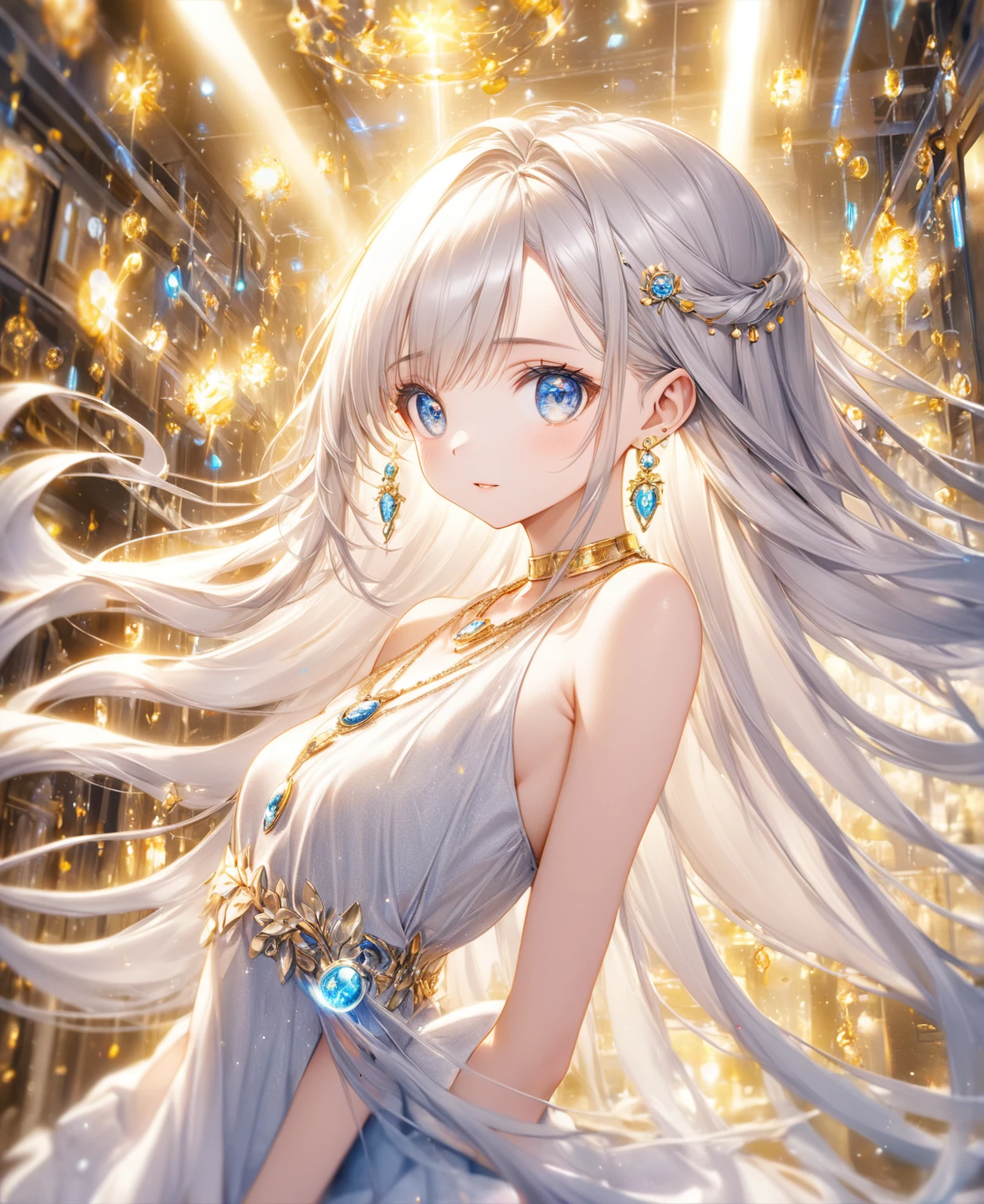 (Highest quality,8k,32K,masterpiece,Ultra-high resolution :1.2 ),born,One girl,Super cute,Natural light,Clear, shining eyes,20-year-old,Fair skin,Electronic world fantasy background for room,The noble earrings are shining,The noble necklace shines,Silver Hair,Long Hair,Long Straight Hair,It&#39;s plugged into an outlet,The whole body is electrically charged,Surprised