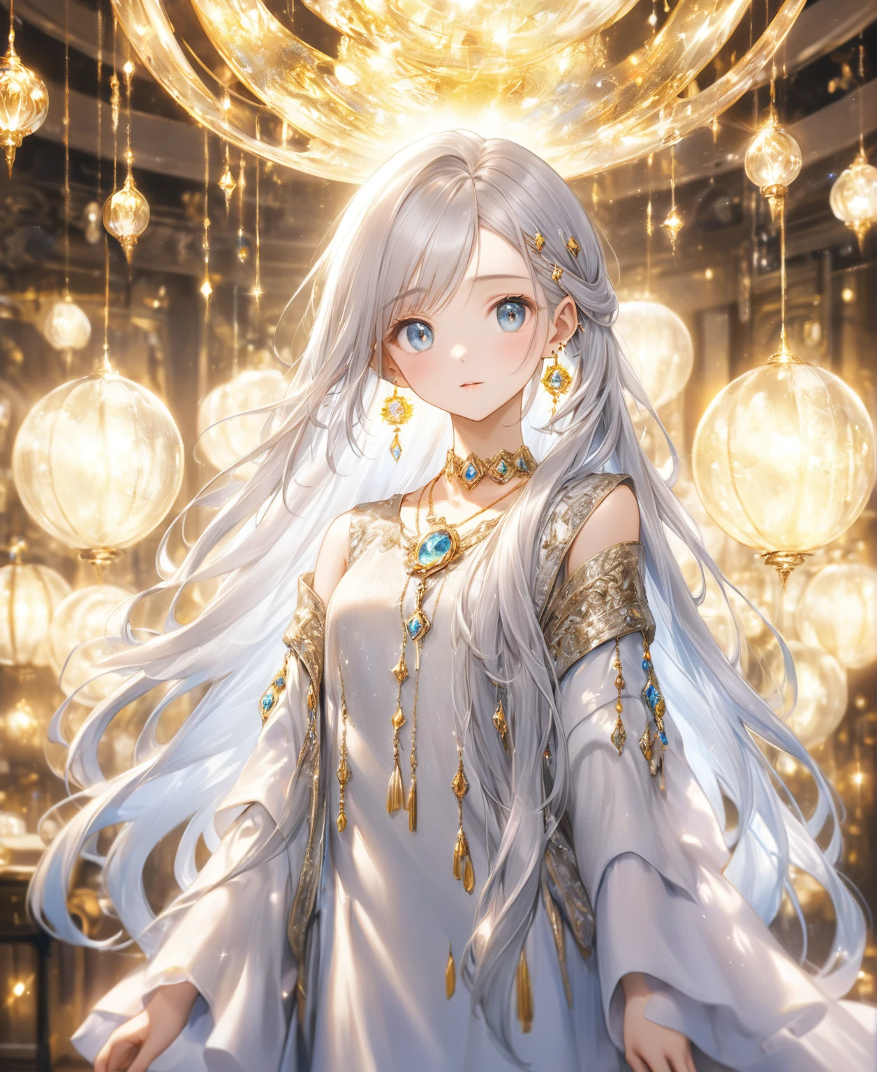 (Highest quality,8k,32K,masterpiece,Ultra-high resolution :1.2 ),born,One girl,Super cute,Natural light,Clear, shining eyes,20-year-old,Fair skin,Electronic world fantasy background for room,The noble earrings are shining,The noble necklace shines,Silver Hair,Long Hair,Long Straight Hair,It's plugged into an outlet,The whole body is electrically charged,Surprised