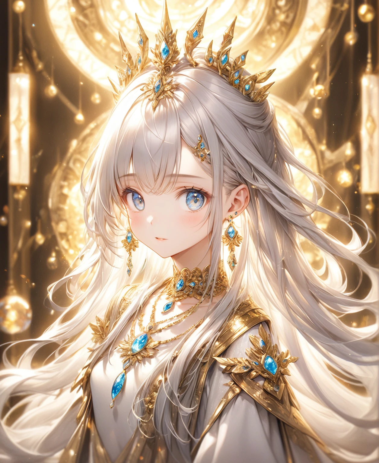 (Highest quality,8k,32K,masterpiece,Ultra-high resolution :1.2 ),born,One girl,Super cute,Natural light,Clear, shining eyes,20-year-old,Fair skin,Electronic world fantasy background for room,The noble earrings are shining,The noble necklace shines,Silver Hair,Long Hair,Long Straight Hair,It's plugged into an outlet,The whole body is electrically charged,Surprised