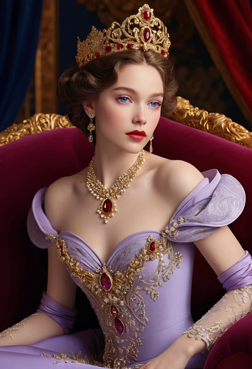 painting of a woman in a glossy purple pearlescent moire dress sitting on a trimmed in white brocade, with gilded armrests chair, grace, grace, refinement, luxurious, fabric-trimmed interior, muted color scheme, many decorative elements, ornate and flowing lines, (((in Rococo gloves and shoes))), (((Rococo stylistic makeup))) (((expressive eyes))), a beautiful fantasy empress, ((rococo queen)), (correct anatomy), lovely languid princess, ((a beautiful fantasy empress)), 8k high quality detailed art, elegant digital painting, exquisite digital illustration, (((rococo style portrait))), portrait painting of a princess, digital art of an elegant, (((baroque digital painting))), ((((beautiful character painting)))) (((interior decoration with fabrics, muted color scheme, a lot of decorative elements, ornate and flowing lines)))