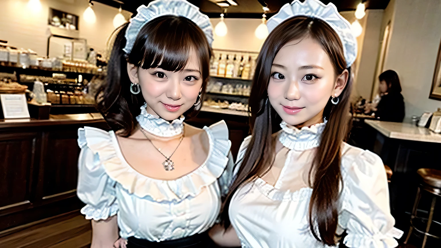 (Japanese Cafe、maid Cafe、(Three girls standing side by side)、Three girls dressed as maids、****************s)、(Realistic、Like a photograph、Live Action、8k, Realistic, RAW Photos, Best image quality: 1.4), Single-lens reflex camera、RAW Photos, Highest quality, Realistic, Highly detailed CG Unity 8k wallpaper, Written boundary depth, Cinematic Light, Lens flare, Ray Tracing, Realistic background、(Wearing maid uniform:1.2、Clerk's clothes、(high waist jumper skirt)、Cafe Staff Uniform:1.4、Cafe uniform、Wear clothes that accentuate your bust size:1.3、Apron over skirt:1.5)、Big Breasts、(Carrying coffee)、Medium Hair、Tie your hair with a hair clip、Working in a cafe:1.4、((ultra high density skin))、 1 female,Cute Japan Married Woman、Waitress at work、(whole body:1.5)，Looking at the audience:1.1、Upward glance、Business Smile、Pay attention to the details、Perfect outfit、Earrings、(White skin)、Accurate Arm、Accurate legs、Anatomically correct body、Accurate fingering、View from the front