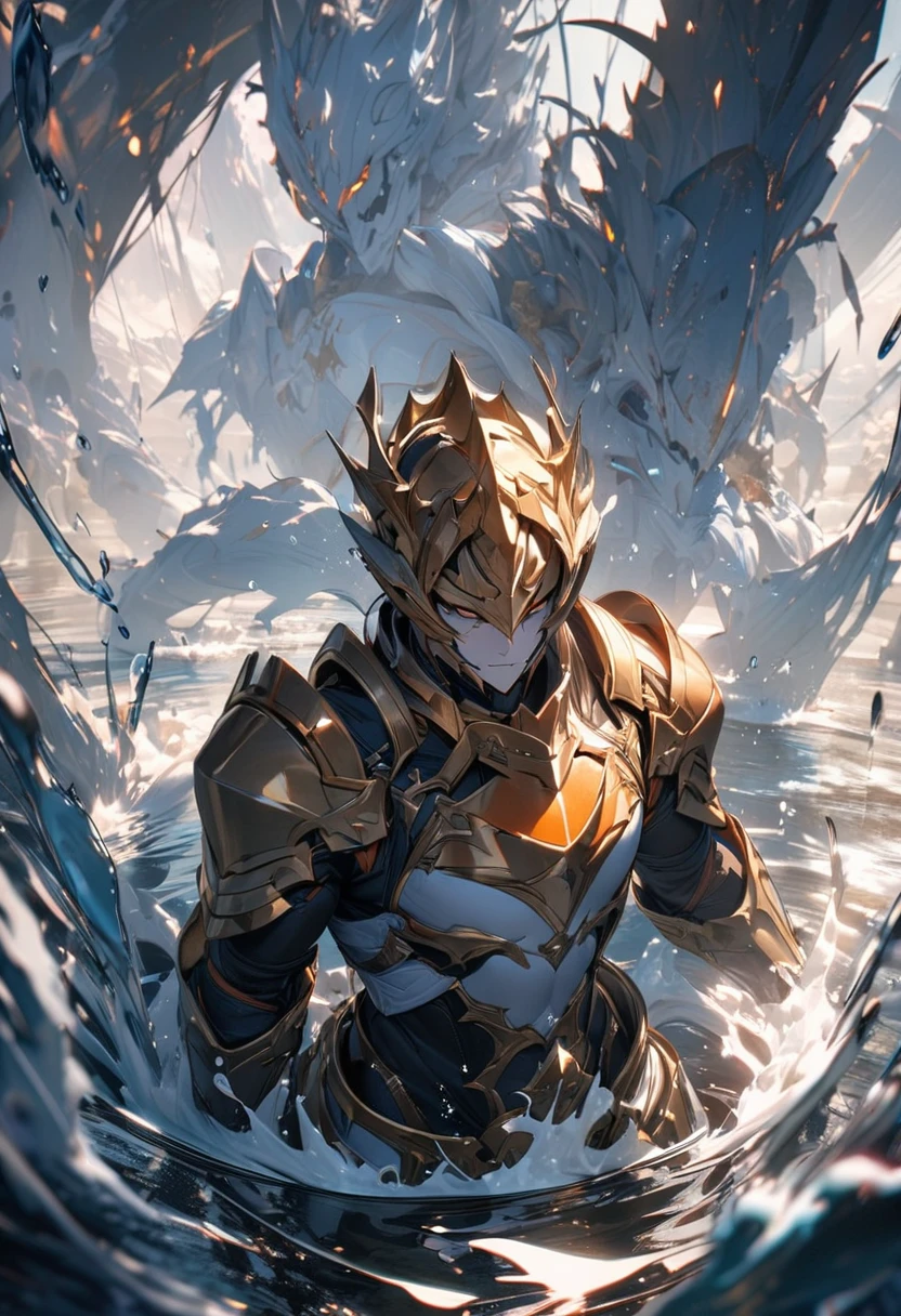 masterpiece, 8k, best quality, highly detailed, a human male fighter wearing a pair of white and orange metal gauntlets surrounded by frosted water