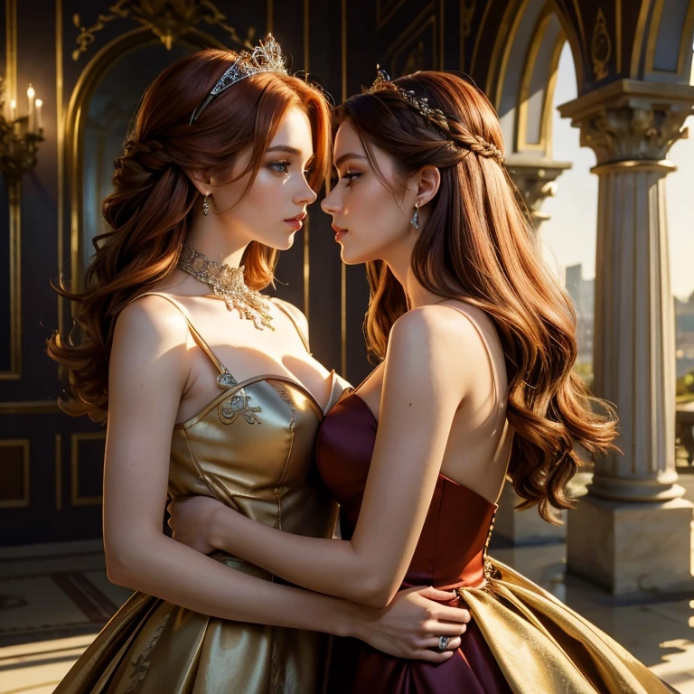 (masterpiece, best quality:1.5), highest quality, High resolution, super detailed, Realists, Upper body of the red-haired princess, detailed and beautiful eyes, beautiful detailed lips, very detailed eyes and face, longeyelashes, Princess in a short dress made of shiny satin fabric, Beautiful and colorful makeup, elegant and noble々Pose,shiny crown and jewels, Royal gardens as background, soft daylight, bright colors, fine brushstrokes, Portrait style, Simple details in the dress fabric, beautiful color palette, glowing skin, First-class rendering, that captures every detail, enchanting atmosphere, subtle shadows and lights, (perfect anatomy:1.2), (Two stunning princesses are deeply in love:1.4), (kiss:1.2)