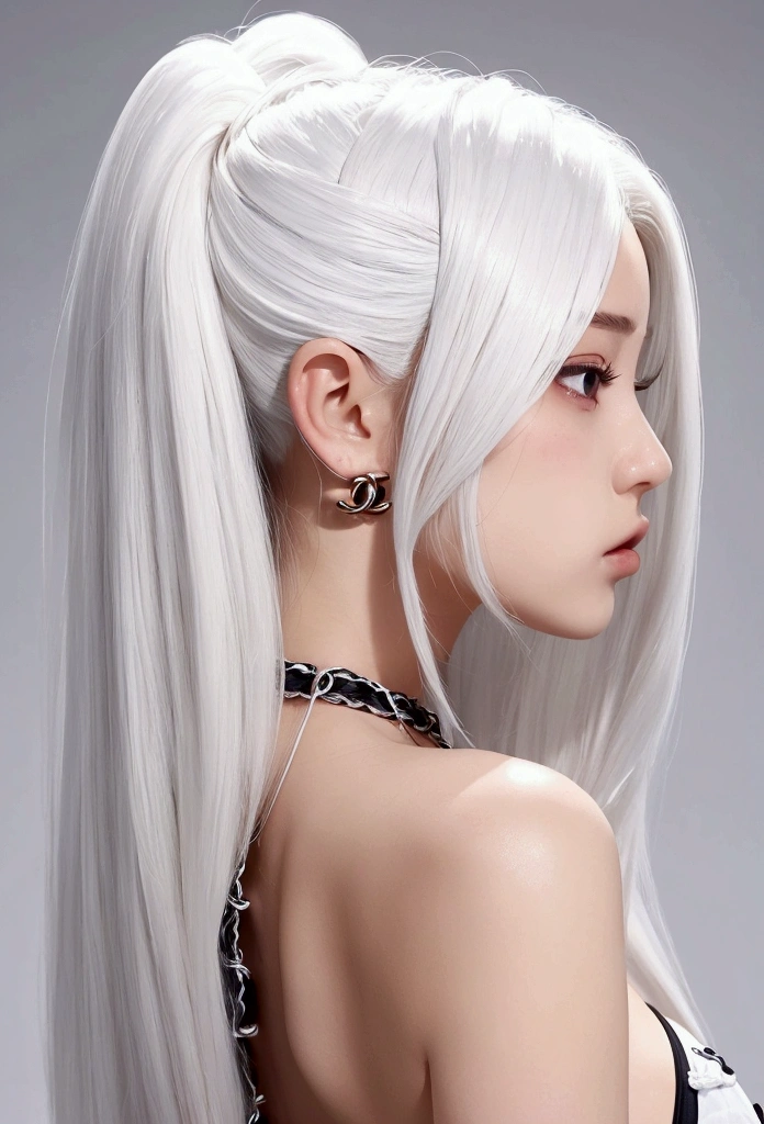 A hot woman big ass white hair black eyes cute sexy Kawaii in bikini God'cos( her hair is white and Chanel)( She is in front in profile)