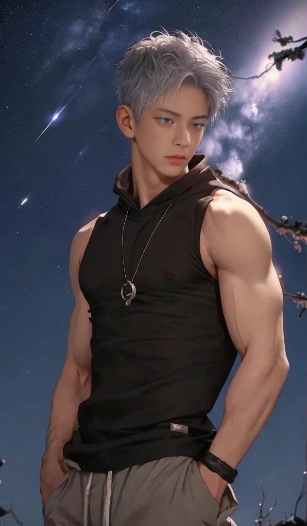 1 male, Japanese male model, high resolution 4k, adult, handsome, perfect face detail, detailed eyes and face, clean shaved, sixpack, white eyebrow hair, white eyelashes, Naked torso, Detailed face, perfect face, dynamic lighting, Real skin texture, ((Perfect hand details)), ((Real and complete hand details)), unreal engine, hd picture, satoru gojo, Jujutsu kaisen, white hair, short hair ,hair between eyes ,blue eyes, white skin, Sexy clothes, singlet