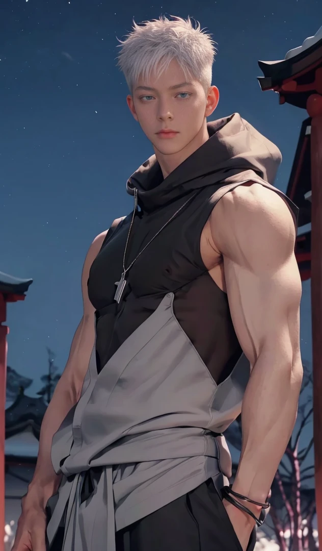 1 male, Japanese male model, high resolution 4k, adult, handsome, perfect face detail, detailed eyes and face, clean shaved, sixpack, white eyebrow hair, white eyelashes, Naked torso, Detailed face, perfect face, dynamic lighting, Real skin texture, ((Perfect hand details)), ((Real and complete hand details)), unreal engine, hd picture, satoru gojo, Jujutsu kaisen, white hair, short hair ,hair between eyes ,blue eyes, white skin, Sexy clothes, singlet