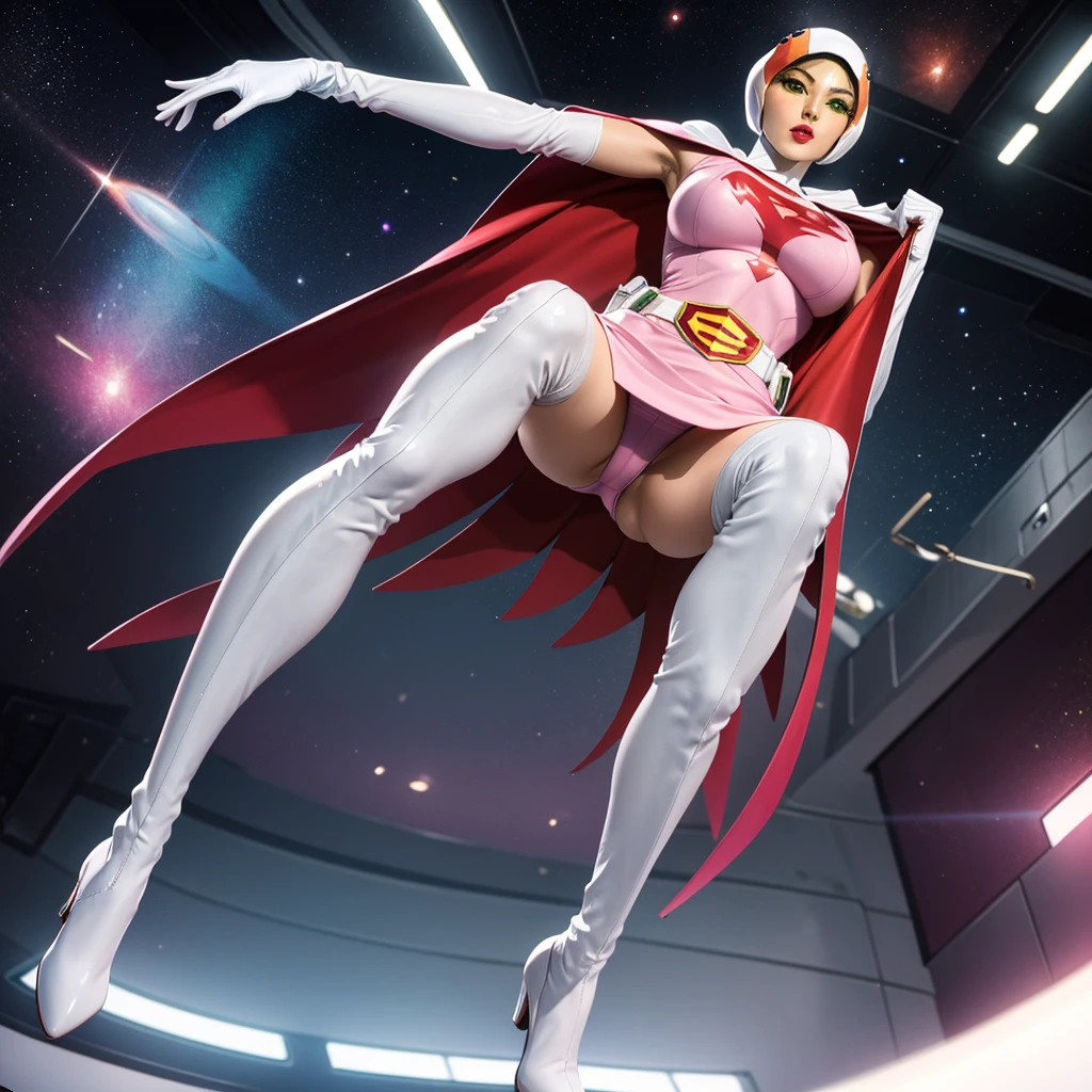 ANI_CLASSIC_jun_gatchaman_ownwaifu,1girl, yo,good anatomy, masterpiece, best quality,realistic, hyperrealistic, 16k hdr, long hair,breasts,green eyes,lips,large breasts,lipstick,makeup,gloves,cape,helmet,belt,elbow gloves,white gloves,mask,ultra miniskirt,leotard,spacesuit,white tight overknee highheels boots,pink dress,superhero,bodysuit,cleavage,erected nipples,(sexy pose,from below:1.2),(spread legs:1.1),cameltoe