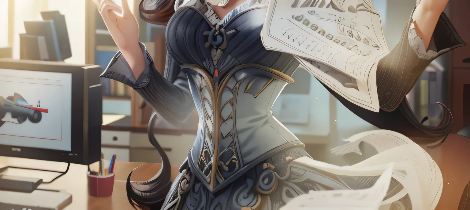 (Masterpiece, Best quality:1.4), (Beautiful, Aesthetic, Perfect, Delicate, Intricate:1.2),((Best quality)), ((Masterpiece)), (Detailed), (A high resolution:1.2), Office, An adult female, Evil queen, Dark crown, Black and red gown, Fierce expression, Long flowing curly hair, Sharp nails, Dark makeup, Glowing eyes, Laughing evilly with mouth open, Arms raised, Hands up, Large semi-round glasses, Sitting in an office chair, Office desk with computer monitors, calendar, pens, and pink ointment, Simplified background, Office setting similar to a notary office, Looking at the monitor while laughing malevolently, Camera angle from slightly above and behind the monitor, Seated in office chair,