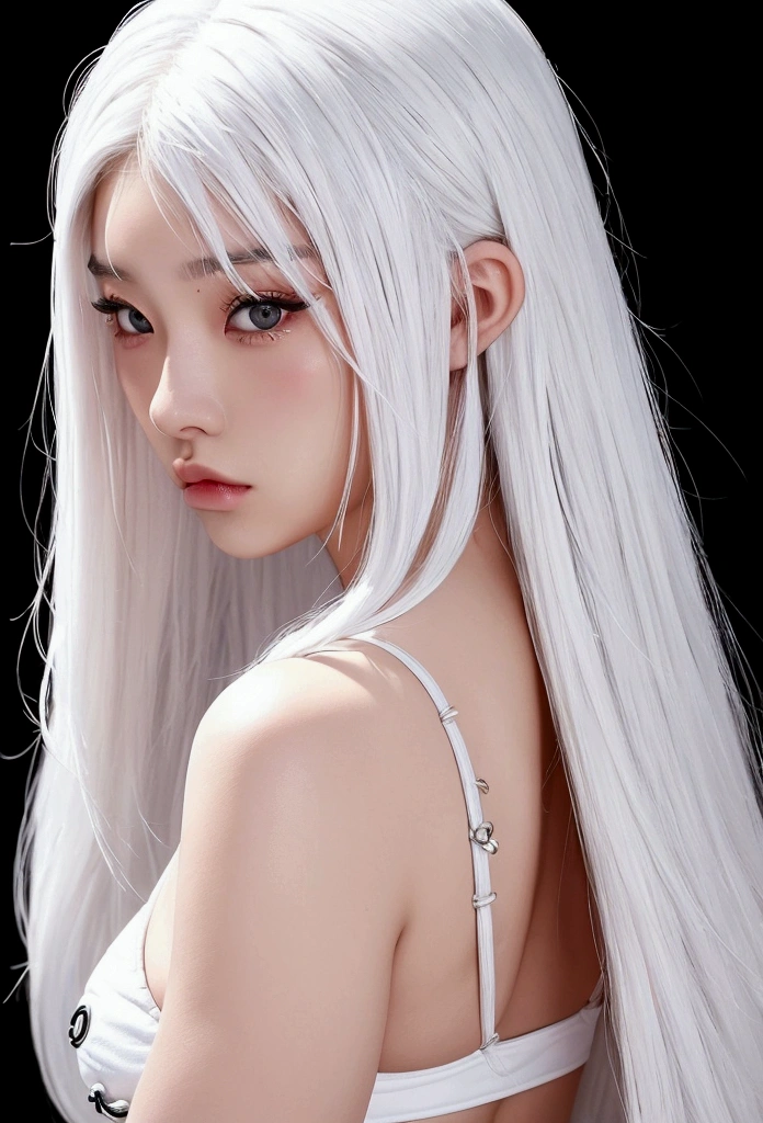 A hot woman big  big ass white hair black eyes cute sexy Kawaii in a bikini God&#39;s body( her hair is loose white and Chanel)