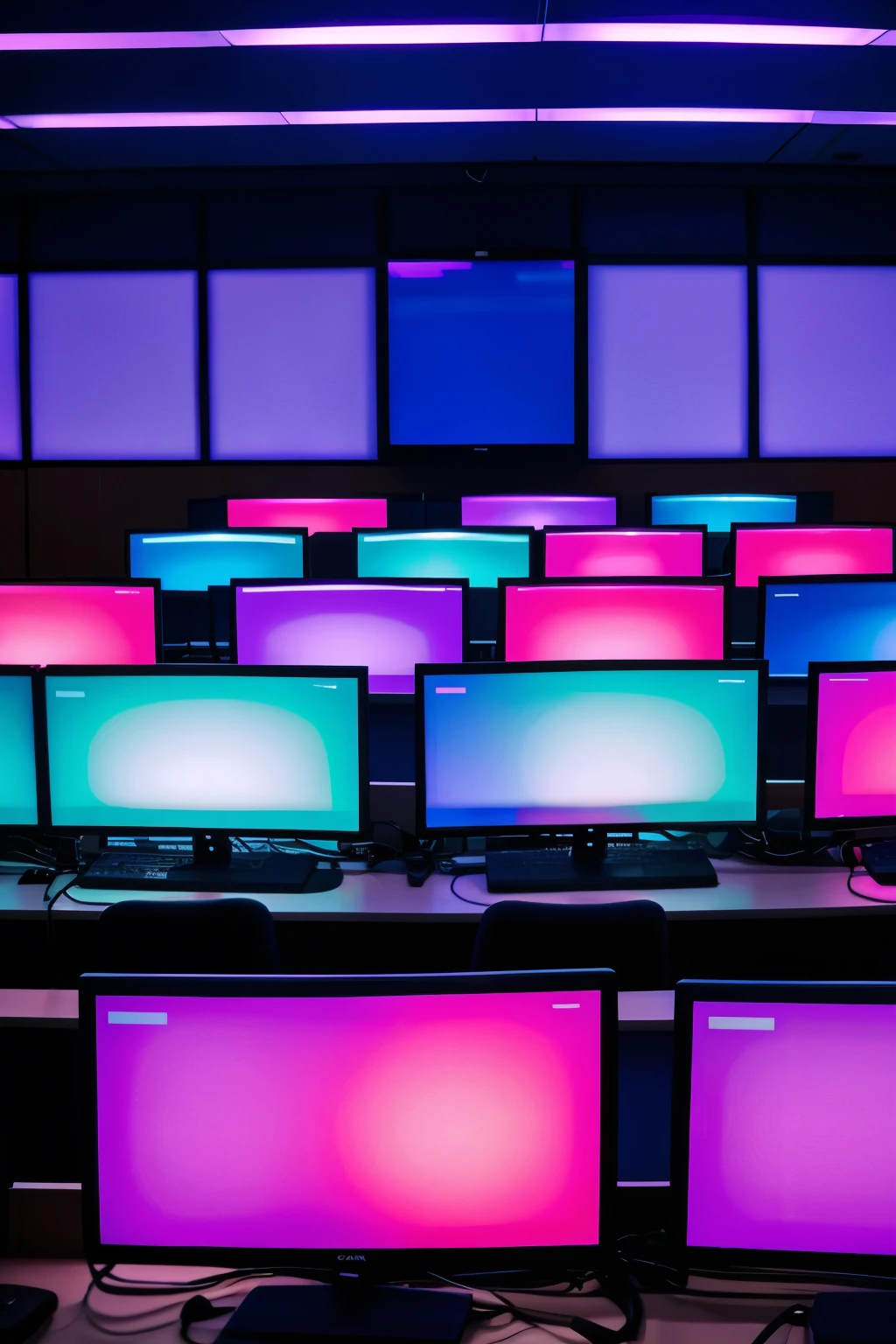 call center with purple and blue lights with people working