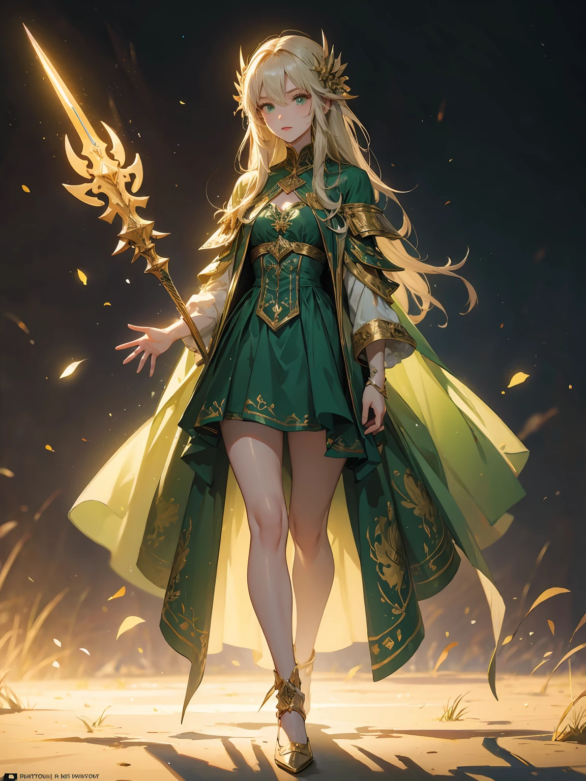 (((masterpiece, best quality, high detailed, 8k))) Design a layout showcase Gaming character, (1girl). Green|Gold clothes, stylish and unique. ((showcase weapon:1.4)), nature staff. (masterpiece:1.2), (best quality), 4k, ultra-detailed. (Step by step design, layout art:1.5), (luminous lighting, atmospheric lighting). druid, ((glove full hands)), (((revealing clothes:1.3))), vambraces, armored legwear, (((full_body_shot:1.4))). {In a magical meadow}.
