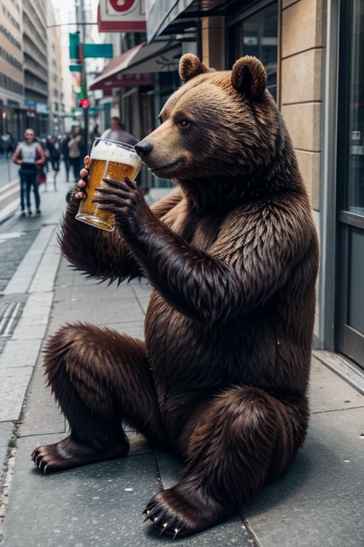 create an animation of a bear sitting on the sidewalk drinking beer