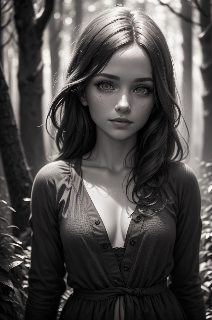 (Realistic:1.5), photo shot on Nikon D850, 16k, full body shot, masterpiece, Detailed, breathtaking, atmospheric perspective, diffusion, 80mm Sigma f2, depth of field, film grain, (((high resolution))), (((extremely detailed))), (cute woman, greyscale photo), little smile, sweet, (ultra-detailed), looks like Emily Jane Browning, sexy, pleasure, (in the dark mystic forest), (detailed eyes), (lifelike skin texture), slim physical, by Steve Hanks, looks at viewer, cinematic light, depth of field, dark fantasy unrealistic background), (freckles:0.5), detailed intricate eyes, depth of field, 35 mm, analog photo style, dark atmosphere, messy hair, most small details, hair ornament
