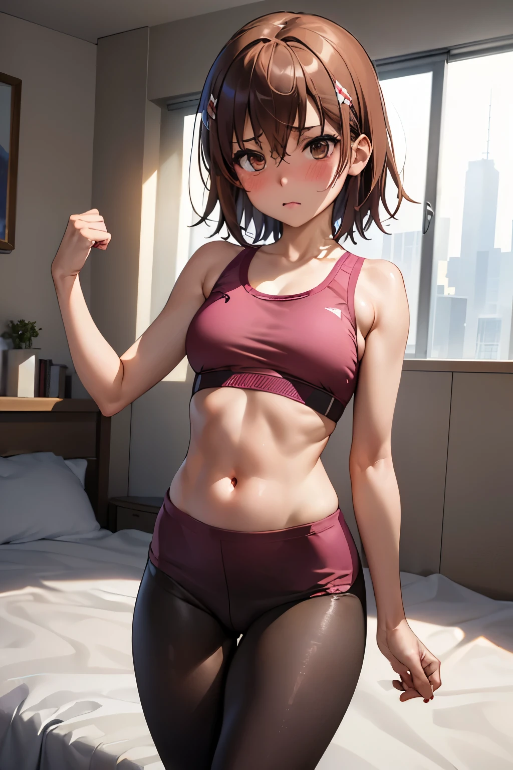 (Highest quality:1.1), (masterpiece:1.4), (Absurd:1.0), 
One Girl, Mikoto Mikasa、Brown Hair、Medium chest、Looking at the audience、Bedroom、(blush:1.2)、Embarrassed expression、((Short leggings))、((Sports Bra))、(Thigh-high socks)、