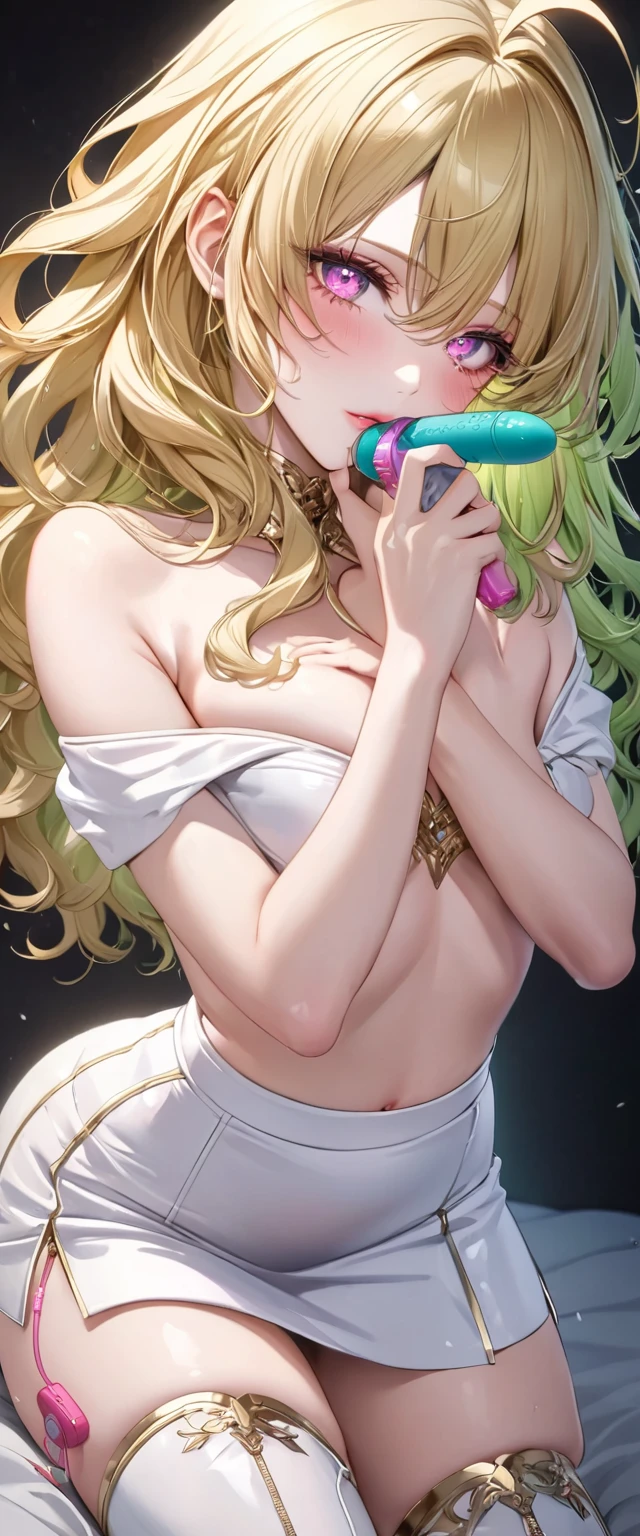 nsfw, (Perfect Anatomy)、Mastepiece、Ultra High Quality、 8k、masterpiece、Highest quality、Ultra-high resolution、Maximum resolution、Very detailed、Professional Lighting、anime、woman、thin、Very beautiful face、Very beautiful eyes、(Highly detailed eye)、Highly detailed face、Blonde, (ahoge), wavy hair, Pink eyes, (gold hair green dip-dye hair), stomach cutout, thigh boots, high heels, white mini pencil skirt, white off shoulder, makeup, eyeliner, eye shadow, pink cheek, pink lips, full body, T-back, (((masturbation, sex toy, dildo, vibrator))),