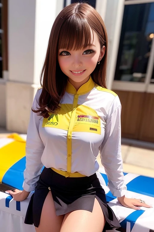 Race Queen, Grid Girls, skirt, No sleeve, masterpiece , Highest quality , detailed , bangs , woman , smile
