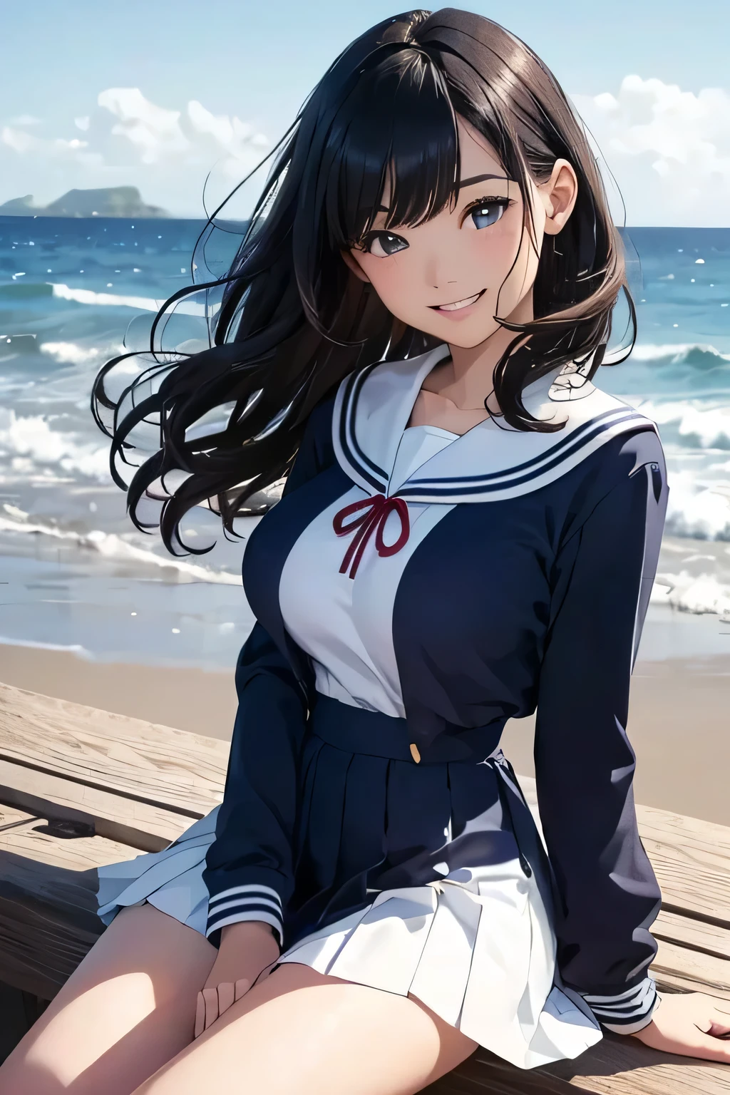 Highest quality、High resolution、Detailed Background、(Beautiful face in every detail:1.4)、Anatomically correct、Highly detailed face、Detailed eyes、Teenage beauty、(Huge breasts:1.2)、Perfect body line、Light color hair、Bobcut、Wavy Hairstyle、well-groomed eyebrows、Shiny navy blue sailor suit、White sailor collar、Navy blue pleated skirt、School Cardigan、White Stockings、A big smile、Looking at me with a happy expression、
The seaside covered in a dark grey sky、Hair swaying in the wind、The back of a girl standing facing the sea, blown by the sea breeze、Girl sitting on the beach、The figure curled up, hugging her knees、In a landscape dominated by cool colors、A girl standing quietly alone、Autumn sea