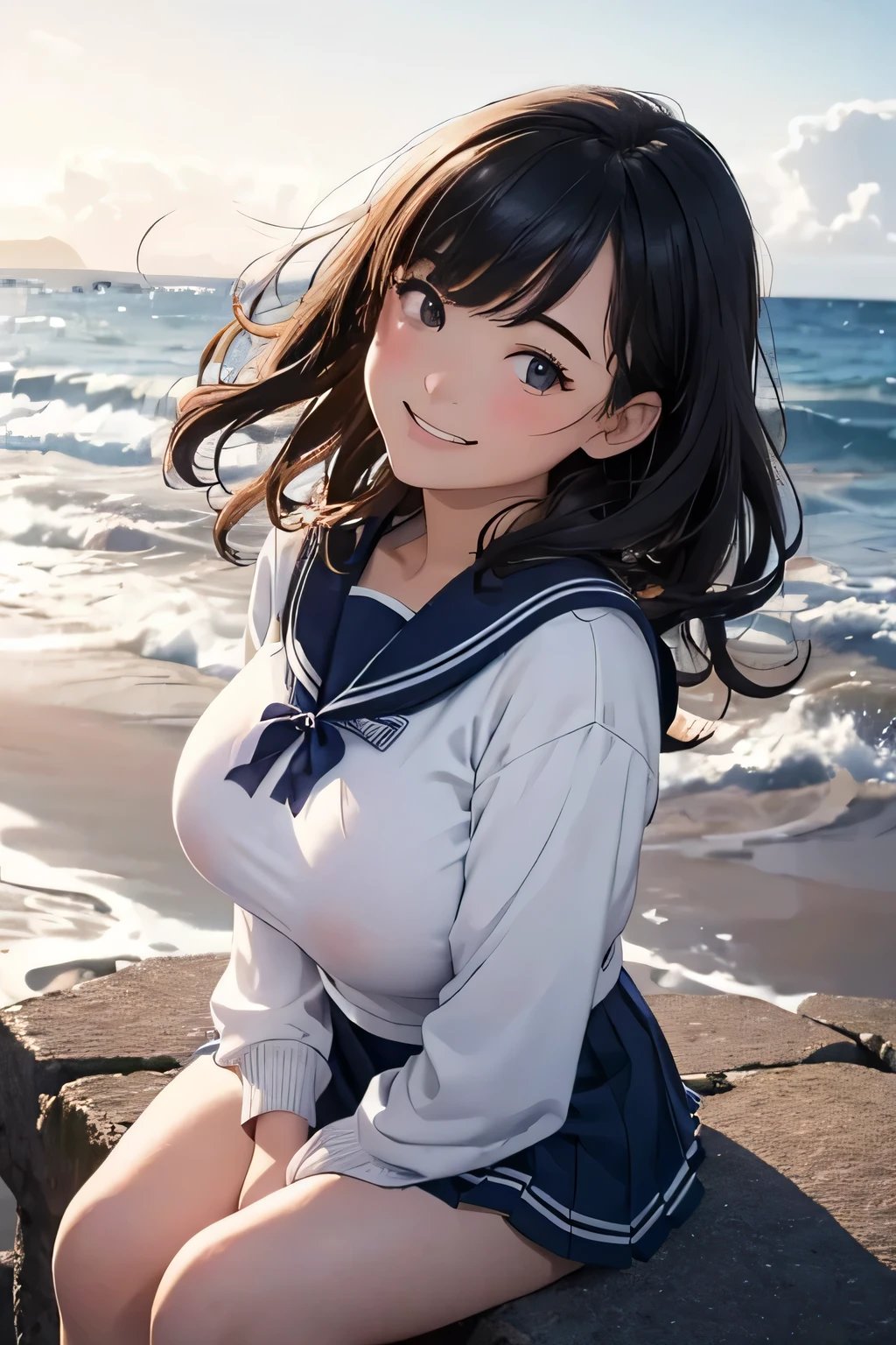 (8K、RAW photo、highest quality)、detailed background、beautiful and detailed face、beautiful and smooth skin、skin texture、professional lighting、Cute beautiful Iful Girl、、cute hairstyle、(big breasts:1.3)、white thin wet sexy sailor suit、white sailor collar、Pleated miniskirt with cute check pattern、Sexy Pantyhose、My clothes are wet and transparent、the whole body is wet、Lying on the sandy beach、Show 1'~ side、emphasize the chest、open your legs、look at me with a sexual expression、smile