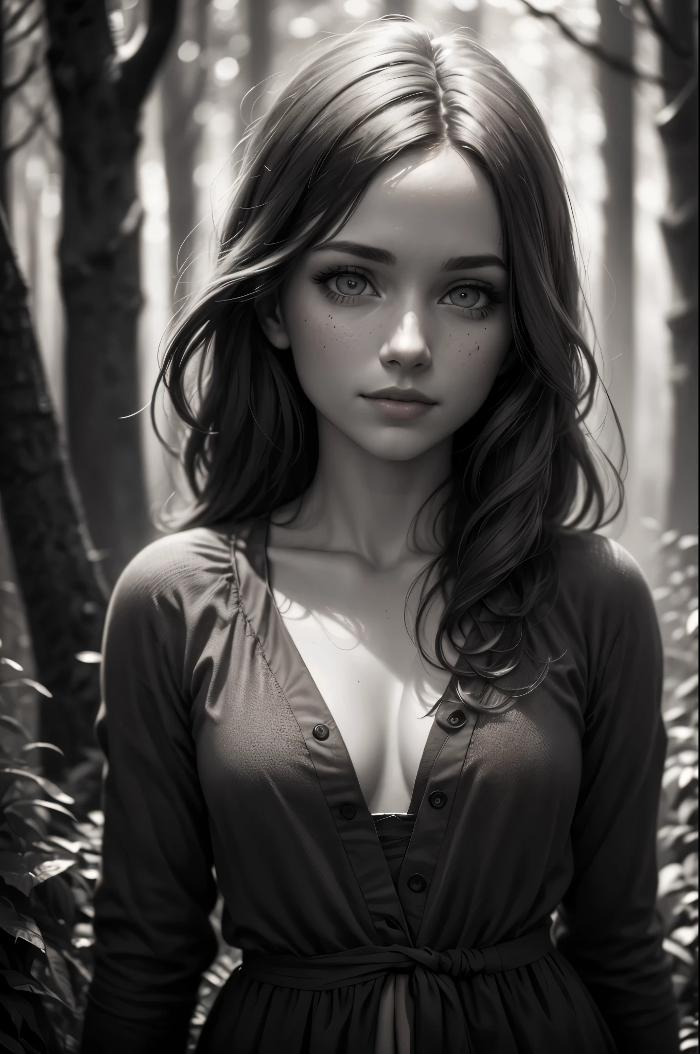 (Realistic:1.5), photo shot on Nikon D850, 16k, full body shot, masterpiece, Detailed, breathtaking, atmospheric perspective, diffusion, 80mm Sigma f2, depth of field, film grain, (((high resolution))), (((extremely detailed))), (cute woman, greyscale photo), little smile, sweet, (ultra-detailed), looks like Emily Jane Browning, sexy, pleasure, (in the dark mystic forest), (detailed eyes), (lifelike skin texture), slim physical, by Steve Hanks, looks at viewer, cinematic light, depth of field, dark fantasy unrealistic background), (freckles:0.5), detailed intricate eyes, depth of field, 35 mm, analog photo style, dark atmosphere, messy hair, most small details, hair ornament