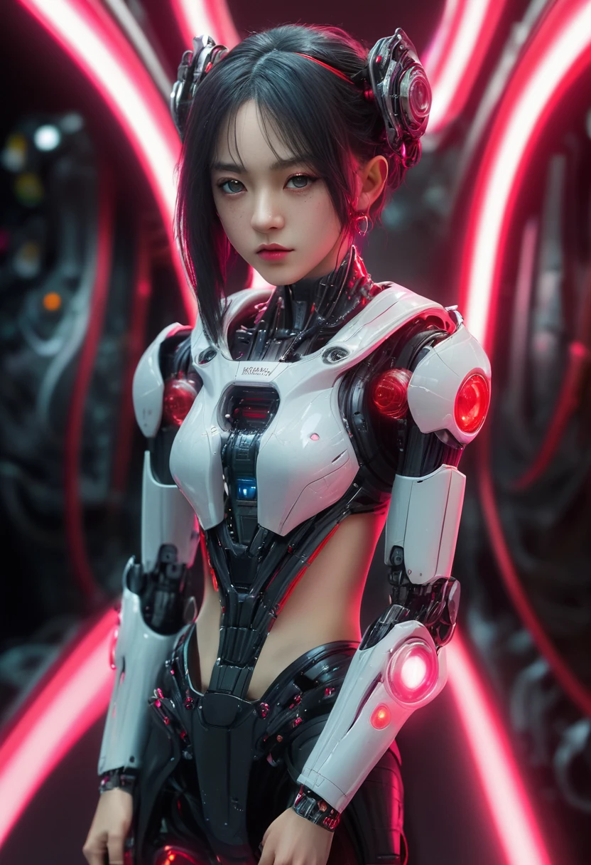 xxmixgirl. Highly detailed professional 35mm film, bokeh, face in sharp focus. A robotic female, Miku, with ((metal skin)), ((perfect Asian eyes)) with magenta irises and ((black pupils)), beautiful serious (detailed face), 18 year old ((photorealistic face)), very long magenta twin tails of magenta hair, twin black hair ties with a single red stripe. She may have a black audio headpiece. We can see her ((full body)) down to her boot soles. Her outfit is a sleeveless collared light grey shirt, outlined in red around the frilled collar and hems. Shiny reflective ((metallic breast cups, dimpleless)), invisible nipples. She wears black sleeves with red hems that start around her upper arm and bellow out as the sleeves open and extend to her wrists, with wide trumpet red rimmed cuffs. She has perfect robotic (detailed hands). She wears a red colored tie with two horizontal solid parallel black lines halfway across. She wears a fabric black skirt with a horizontal red hem at the bottom all the way around; her (((black skirt wraps around her))) and ((her skirt completely covers)) her robotic waist and thighs. Tall black boots with red bottom soles, a red rim around the top at her thighs. Her mechanical shoulder joints are visible. We can see her robotic legs and robotic neck. Half of her is covered with shiny polished machinery. The background is a distant dark neon futuristic Japanese city, gold, cyan, violet neon, near harbor or mountains.