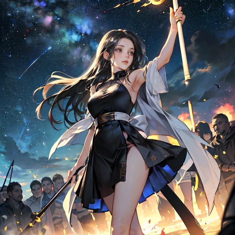 (Highest quality, 8k, masterpiece:1.3,beautiful girl), (masterpiece:1.3, Highest quality, Ultra-high resolution, Very detailed),Beautiful body, Beautiful breasts, Beautiful thighs, Beautiful legs, Beautiful fingers, Glowing Skin,(((Long Hair,Black Hair,Beautiful Hair))),(Perfect Anatomy, Anatomically correct, Very detailed肌), Cute and symmetrical face, Perfect Face, Perfect Eyes, ((Perfect Fingers, Five Fingers)), (((whole body,Draw the whole thing)))((Two Arms,Two legs)),Large Breasts,(((Wizard,Black Dress,Big walking stick))),(((Starry Sky,crowd,battlefield,battlefieldを照らす女神)))