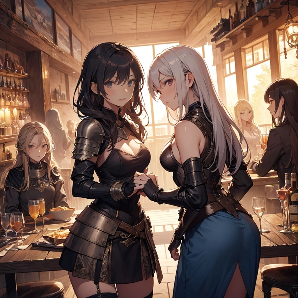 A group of female medieval fantasy adventurers, (in tavern), various hair styles, harem, night, details face, short skirt, seducing, sleeveless, armor