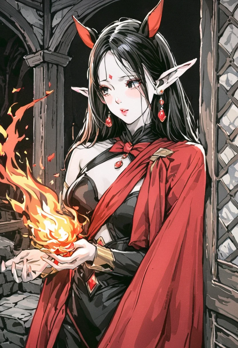 1 magician woman, very pale skin color, expressive black eyes, elf ear, black hair, dressed with a red drape, using his fire magic , full length portrait , mystical dungeon interior atmosphere in background, detail richness, masterpiece, best quality