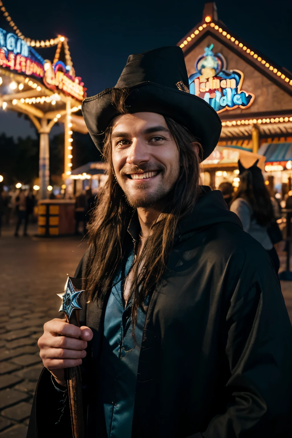 Realistic photo of (1 wizard man), xon black wizard costume, in front of an amusement park at night, smiling, CANON EOS, clear facial features, close up portrait, cinematic mode, 8k