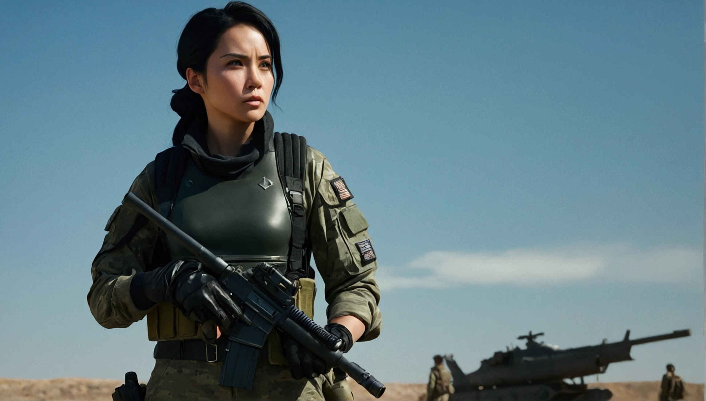 In a realistic military setting、A female warrior stands firm。Her jet black hair was tied back、Wearing a utility uniform。Because she's holding a rocket launcher、Hands covered with fingerless gloves。A rifle hangs from a shoulder holster.、The clothing has a camouflage pattern。