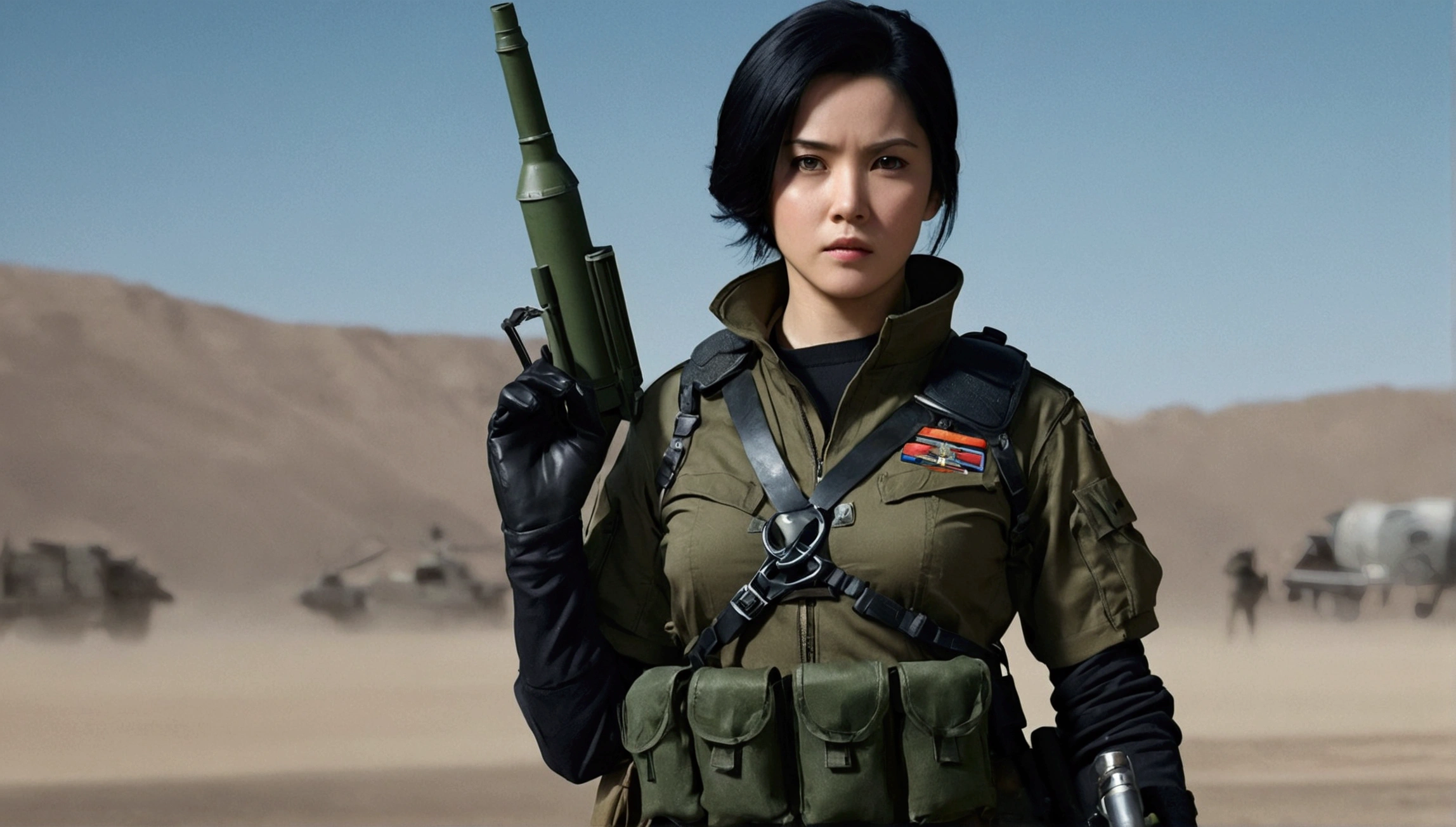In a realistic military setting、A female warrior stands firm。Her jet black hair was tied back、Wearing a utility uniform。Because she's holding a rocket launcher、Hands covered with fingerless gloves。A rifle hangs from a shoulder holster.、The clothing has a camouflage pattern。