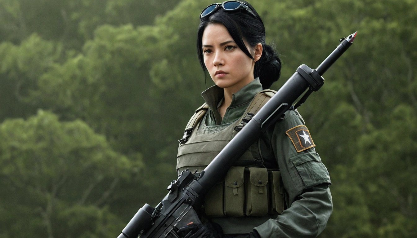 In a realistic military setting、A female warrior stands firm。Her jet black hair was tied back、Wearing a utility uniform。Because she's holding a rocket launcher、Hands covered with fingerless gloves。A rifle hangs from a shoulder holster.、The clothing has a camouflage pattern。