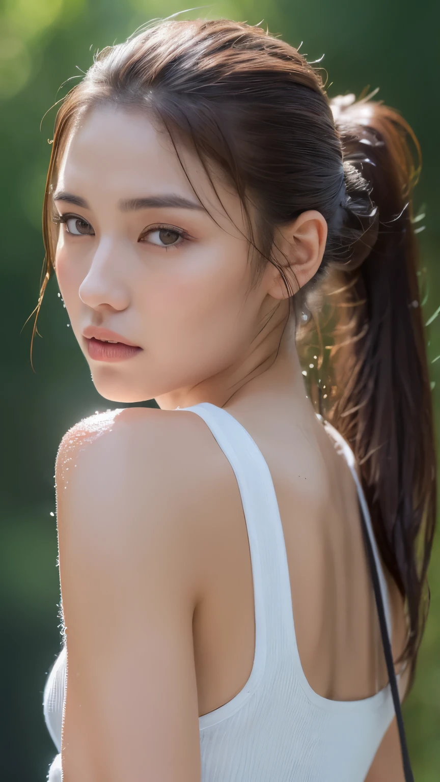 ((Best quality, 8k, Masterpiece :1.3)), 1girl, Pretty woman with emphasizing slender abs :1.3, (Dark brown hair, Ponytail, Huge breasts :1.2), Wet body:1:2, Ultra-detailed face, Detailed eyes, Double eyelid, tank top