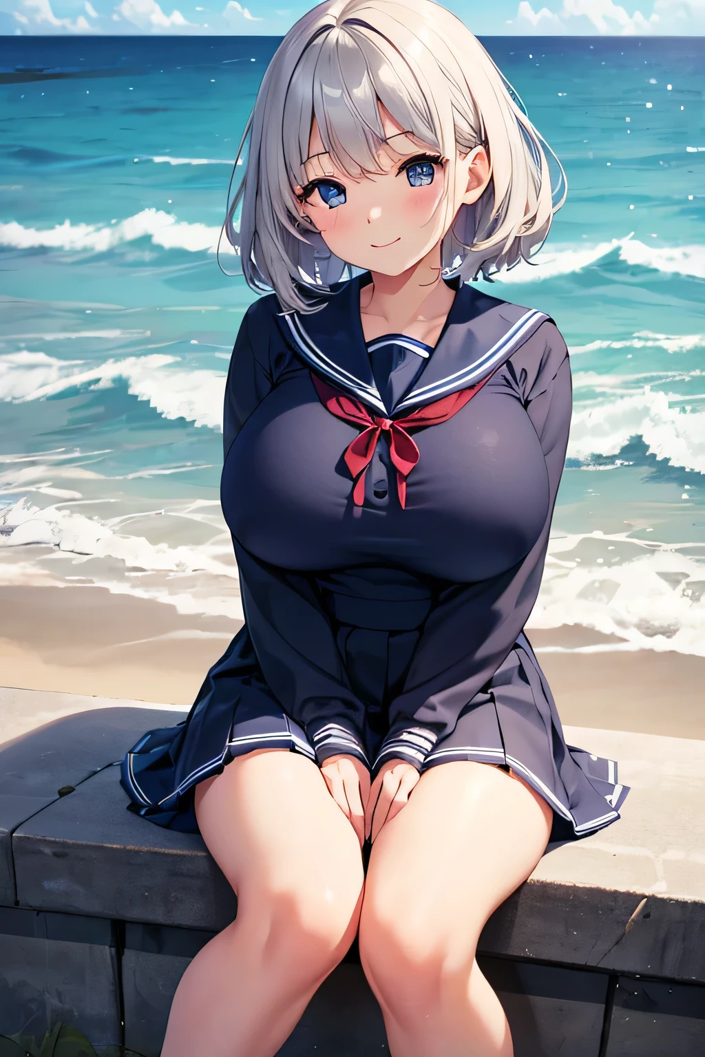 Highest quality、High resolution、Detailed Background、(Beautiful face in every detail:1.4)、Anatomically correct、Highly detailed face、Detailed eyes、age beauty、(Huge breasts:1.2)、Perfect body line、Light color hair、Bobcut、Wavy Hairstyle、well-groomed eyebrows、Shiny navy blue sailor suit、White sailor collar、Navy blue pleated skirt、School Cardigan、White Stockings、A big smile、Looking at me with a happy expression、
The seaside covered in a dark grey sky、Hair swaying in the wind、The back of a girl standing facing the sea, blown by the sea breeze、Girl sitting on the beach、The figure curled up, hugging her knees、In a landscape dominated by cool colors、A girl standing quietly alone、Autumn sea