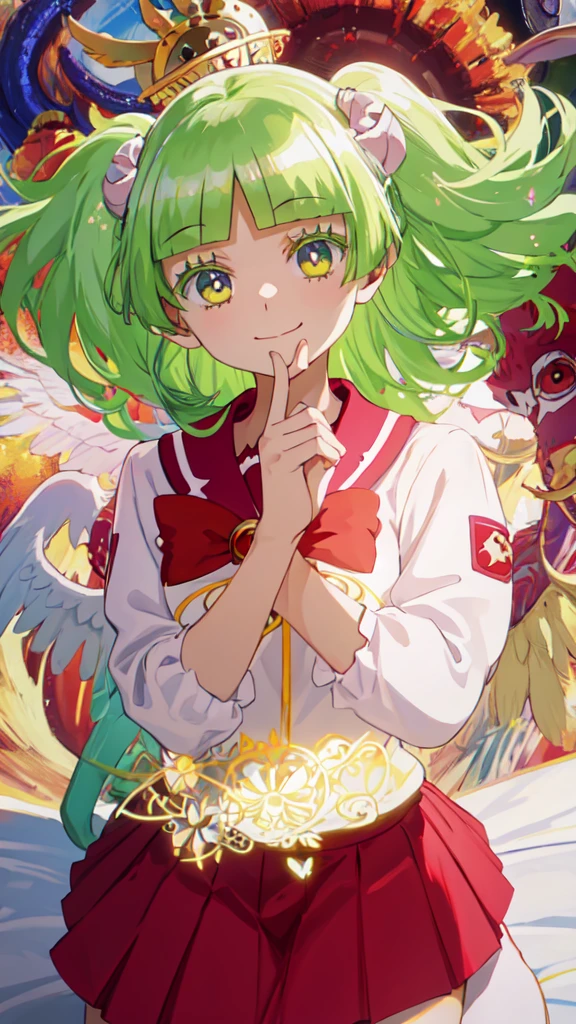 , make happy expressions,soft smiling,puros,beautiful face and detailed eyes, hair green, with big angel wings on the back, kneeling praying, white  shirt, red skirt, school shirt, standing, antler, Paradise, Background 