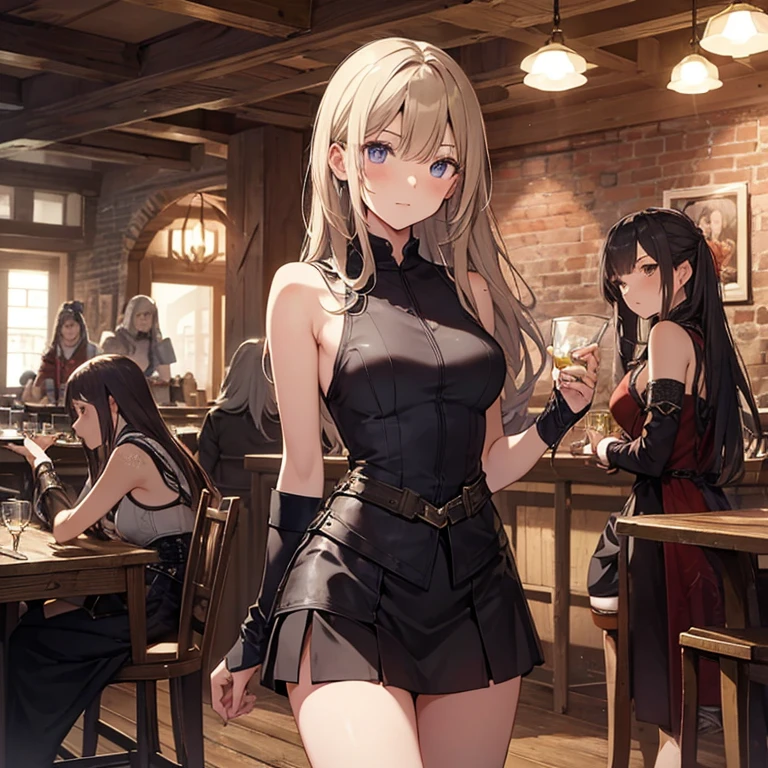 A group of female medieval fantasy adventurers, (in tavern), various hair styles, harem, night, details face, short skirt, seducing, sleeveless, armor