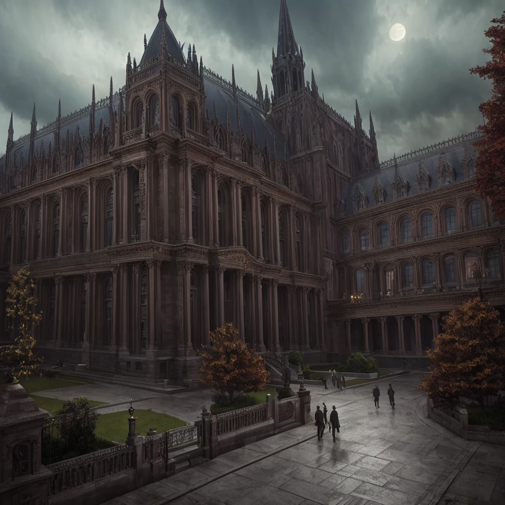 a supernatural campus, a college institution, supernatural beings surrounding the institution, detailed architecture, ornate details, dark moody atmosphere, dramatic lighting, cinematic composition, highly detailed, 8k, photorealistic, masterpiece, fantasy, digital art