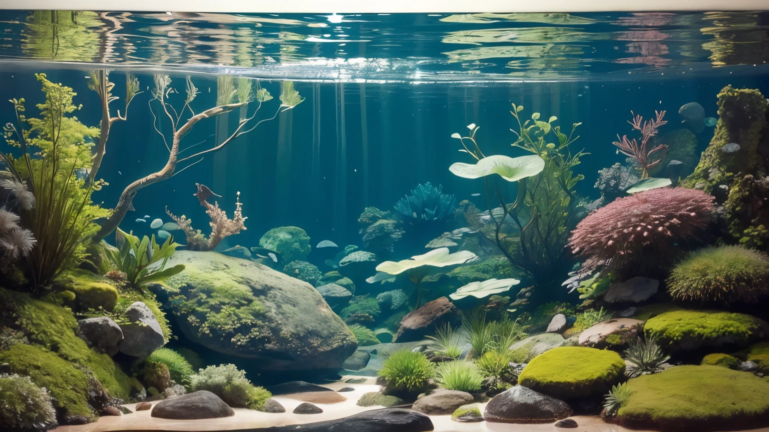 realistic aquatic background, mosses, dry roots and aquatic plants