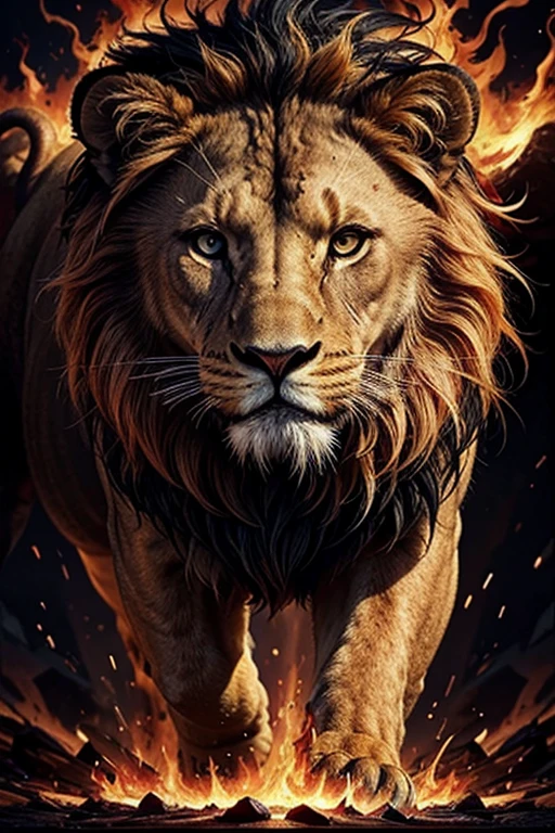 a ferocious lion on fire, digital art, dramatic lighting, glowing red flames, intense heat, powerful creature, abstract background, dynamic composition, cinematic, epic, stunning, dramatic, heroic
